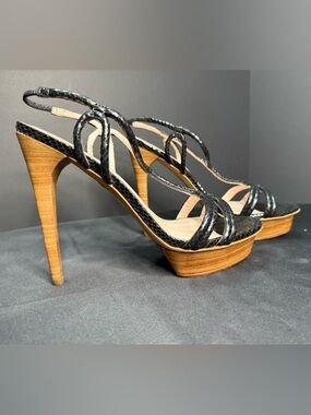 Elie Tahari Black Snake Strappy Sling Back Brown Wood Platform 38